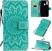 Voor Vivo Y15 / Y17 Geperst Afdrukken Zonnebloempatroon Horizontale Flip PU lederen tas met houder & kaartsleuven & portemonnee & lanyard (groen)