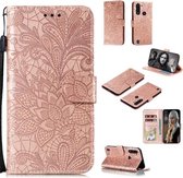 Voor Motorola Moto G8 Power Lite Lace Flower Embossing Pattern Horizontale Flip Leather Case, met houder & kaartsleuven & portemonnee & fotolijst & Lanyard (Rose Gold)