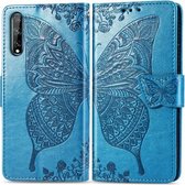 Voor Huawei Y8P / Enjoy 10S Vlinder Liefde Bloem Reliëf Horizontale Flip Leren Case met Beugel / Kaartsleuf / Portemonnee / Lanyard (Blauw)