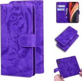 Voor iPhone 12 Pro Max Tiger Embossing Pattern Horizontale Flip lederen hoes met houder & kaartsleuven & portemonnee (paars)