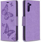 Twee vlinders reliëfpatroon horizontale flip lederen tas met houder & kaartsleuf & portemonnee & lanyard voor Galaxy Note10 (paars)