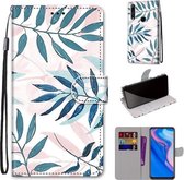 Voor Huawei P smart Z / Y9 Prime Gekleurde Tekening Cross Textuur Horizontale Flip PU Lederen Case met Houder & Kaartsleuven & Portemonnee & Lanyard (Roze Groen Blad)