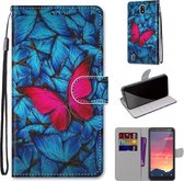 Voor Nokia C2 Gekleurde Tekening Cross Textuur Horizontale Flip PU Lederen Case met Houder & Kaartsleuven & Portemonnee & Lanyard (Blauw Rood Vlinder)