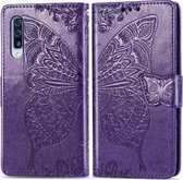 Voor Galaxy A30S Butterfly Love Flower reliëf horizontale flip lederen tas met beugel / kaartsleuf / portemonnee / lanyard (donkerpaars)