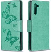Twee vlinders reliëfpatroon horizontale flip lederen tas met houder & kaartsleuf & portemonnee & lanyard voor Galaxy Note10 (groen)