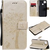 Voor Xiaomi Redmi 9C Boom & Kat Patroon Geperst Afdrukken Horizontale Flip PU Lederen Case met Houder & Kaartsleuven & Portemonnee & Lanyard (Goud)