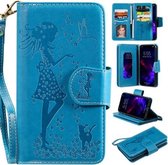 Voor iPhone 11 vrouw en kat reliëf horizontale flip lederen tas, met portemonnee & houder & kaartsleuven & fotolijst & spiegel & lanyard (blauw)
