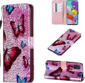 Voor Galaxy A41 - Leren hoesje met glitterpatroon met links en rechts met beugel en kaartsleuf en portemonnee en draagkoord (blauwe vlinder)