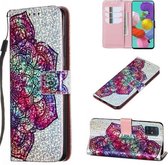 Voor Galaxy A51 - Leren hoesje met glitterpatroon met links en rechts met beugel en kaartsleuf en portemonnee en draagkoord (Datura Flower)