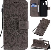 Voor Galaxy A21 Geperst Afdrukken Zonnebloempatroon Horizontale Flip PU-lederen Case met Houder & Kaartsleuven & Portemonnee & Lanyard (Grijs)