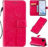 Voor Galaxy A81 / M60S Tree & Cat Pattern Pressed Printing Horizontale Flip PU Leather Case met houder & kaartsleuven & portemonnee & Lanyard (Rose Red)