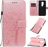 Voor OnePlus 8 Pro Tree & Cat Pattern Pressed Printing Horizontale Flip PU lederen hoes met houder & kaartsleuven & portemonnee & lanyard (roségoud)
