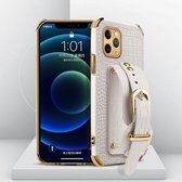 Gegalvaniseerde TPU-leren hoes met krokodillenpatroon met polsband voor iPhone 11 Pro Max (wit)