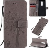 Voor OnePlus 8 Tree & Cat Pattern Pressed Printing Horizontale Flip PU lederen hoes met houder & kaartsleuven & portemonnee & lanyard (grijs)