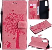 Voor Huawei P Smart 2021 Boom & Kat Patroon Geperst Afdrukken Horizontale Flip PU Lederen Case met Houder & Kaartsleuven & Portemonnee & Lanyard (Roze)