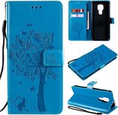 Voor Motorola Moto G9 Play Tree & Cat Pattern Pressed Printing Horizontale Flip PU lederen tas met houder & kaartsleuven & portemonnee & lanyard (blauw)