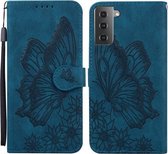 Voor Samsung Galaxy S21 + 5G Retro Skin Feel Butterflies Embossing Horizontale Flip Leather Case met houder & kaartsleuven & portemonnee (blauw)