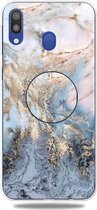 Voor Galaxy A40 reliëf gelakt marmer TPU beschermhoes met houder (goudgrijs)