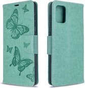 Voor Galaxy A71 Embossing Two Butterflies Pattern Horizontale Flip PU Leather Case met houder & kaartsleuf & portemonnee & lanyard (groen)