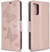 Voor Galaxy S20 Ultra Embossing Twee Vlinders Patroon Horizontale Flip PU Lederen Case met Houder & Kaartsleuf & Portemonnee & Lanyard (Goud)