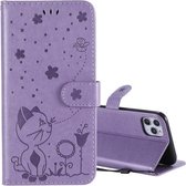 Voor iPhone 11 Pro Max Cat Bee Embossing Pattern Shockproof Horizontale Flip Leather Case met houder & kaartsleuven & portemonnee (paars)
