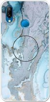 Voor Huawei P20 Lite reliëf gelakt marmer TPU beschermhoes met houder (zilverblauw)