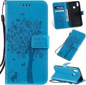 Tree & Cat Pattern Pressed Printing Horizontale Flip PU lederen tas met houder & kaartsleuven & portemonnee & lanyard voor Vivo Y93 / Y91 / Y95 (blauw)
