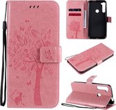 Voor Motorola One Fusion + Tree & Cat Pattern Pressed Printing Horizontale Flip PU lederen tas met houder & kaartsleuven & portemonnee & lanyard (roze)