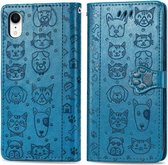 Voor iPhone XR schattige kat en hond reliëf horizontale flip PU lederen tas met houder / kaartsleuf / portemonnee / lanyard (blauw)