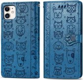 Voor iPhone 11 schattige kat en hond reliëf horizontale flip PU lederen tas met houder / kaartsleuf / portemonnee / lanyard (blauw)