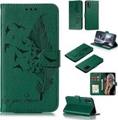 Voor Galaxy A41 Litchi Textuur Veer Embossing Patroon Horizontale Flip Leren Case met Houder & Kaartsleuven & Portemonnee & Fotolijst & Lanyard (Groen)