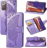 Voor Samsung Galaxy Note 20 Ultra Butterfly Love Flower Reliëf Horizontale Flip Leren Case met Beugel / Kaartsleuf / Portemonnee / Lanyard (Lichtpaars)