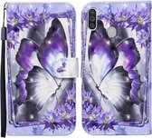 Voor Samsung Galaxy A11 / M11 Gekleurde tekening patroon Horizontale flip lederen tas met houder & kaartsleuven & portemonnee (paarse bloem vlinder)