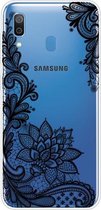 Voor Samsung Galaxy A30 gekleurd tekeningpatroon zeer transparant TPU beschermhoes (zwarte roos)
