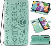 Voor Samsung Galaxy A41 Mooie kat en hond reliëfpatroon Horizontale flip lederen tas, met houder & kaartsleuven & portemonnee & cartoon sluiting & lanyard (groen)