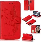 Voor Galaxy A41 Litchi Textuur Veer Embossing Patroon Horizontale Flip Leren Case met Houder & Kaartsleuven & Portemonnee & Fotolijst & Lanyard (Rood)