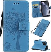 Tree & Cat Pattern Pressed Printing Horizontale Flip PU lederen tas met houder & kaartsleuven & portemonnee & lanyard voor iPhone 11 Pro (blauw)