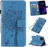 Tree & Cat Pattern Pressed Printing Horizontale Flip PU lederen tas met houder & kaartsleuven & portemonnee & lanyard voor iPhone 11 (blauw)