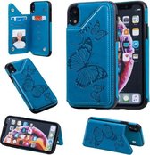 Voor iPhone XR vlinder reliëfpatroon schokbestendig beschermhoes met houder & kaartsleuven en fotolijst (blauw)