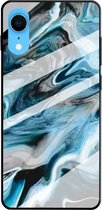 Voor iPhone XR marmeren patroon glas beschermhoes (inktblauw)
