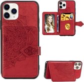 Voor iPhone 11 Pro Max Mandala in reliëf gemaakte stoffen kaarthoes Mobiele telefoonhoes met magnetische en beugelfunctie met kaarttas / portemonnee / fotolijstfunctie met draagriem (rood)