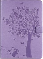 Voor iPad 10.2 / Pro 10.5 / Air 2019 Pressed Printing Cat and Tree Pattern Horizontale Flip lederen tas met houder & kaartsleuven & portemonnee (paars)