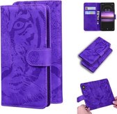 Voor Sony Xperia 1 Tiger Embossing Pattern Horizontale Flip lederen tas met houder & kaartsleuven & portemonnee (paars)