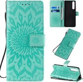 Voor Sony Xperia 1 II Geperst Afdrukken Zonnebloempatroon Horizontale Flip PU-lederen Case met Houder & Kaartsleuven & Portemonnee & Lanyard (Groen)