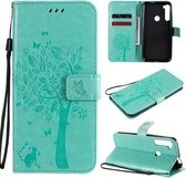 Voor Motorola One Fusion + Tree & Cat Pattern Pressed Printing Horizontale Flip PU lederen tas met houder & kaartsleuven & portemonnee & lanyard (groen)