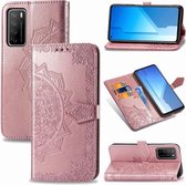 Voor Huawei Honor Play 4 Mandala Bloem Reliëf Horizontale Flip Leren Case met Beugel / Kaartsleuf / Portemonnee / Lanyard (Rose Goud)