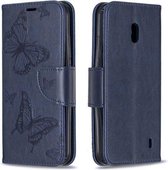 Two Butterflies Embossing Pattern Horizontale Flip Leather Case met houder & kaartsleuf & portemonnee & lanyard voor Nokia 2.2 (donkerblauw)