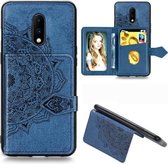 Voor OnePlus 7 Mandala Reliëf Magnetische Doek PU + TPU + PC Case met Houder & Kaartsleuven & Portemonnee & Fotolijst & Riem (Blauw)