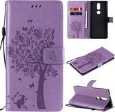 Voor Nokia 2.4 Tree & Cat Pattern Pressed Printing Horizontale Flip PU lederen tas met houder & kaartsleuven & portemonnee & lanyard (lichtpaars)