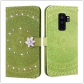 Voor Galaxy S9 Plus Pressed Printing Sticking Drill Pattern Horizontal Flip PU Leather Case met houder & kaartsleuven & portemonnee & & lanyard (groen)